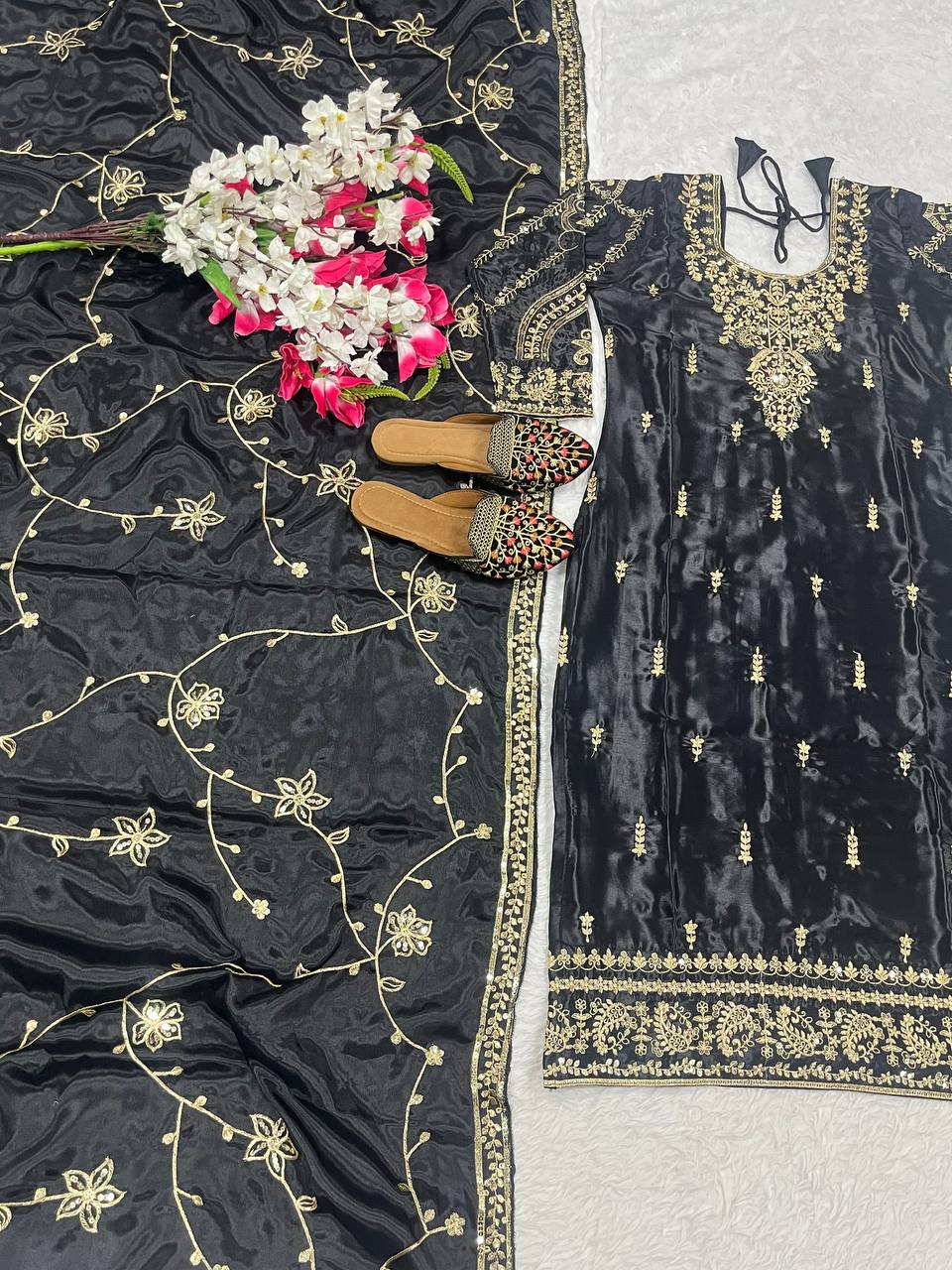 Black Color Chinon Silk Embroidery Work Salwar Suit