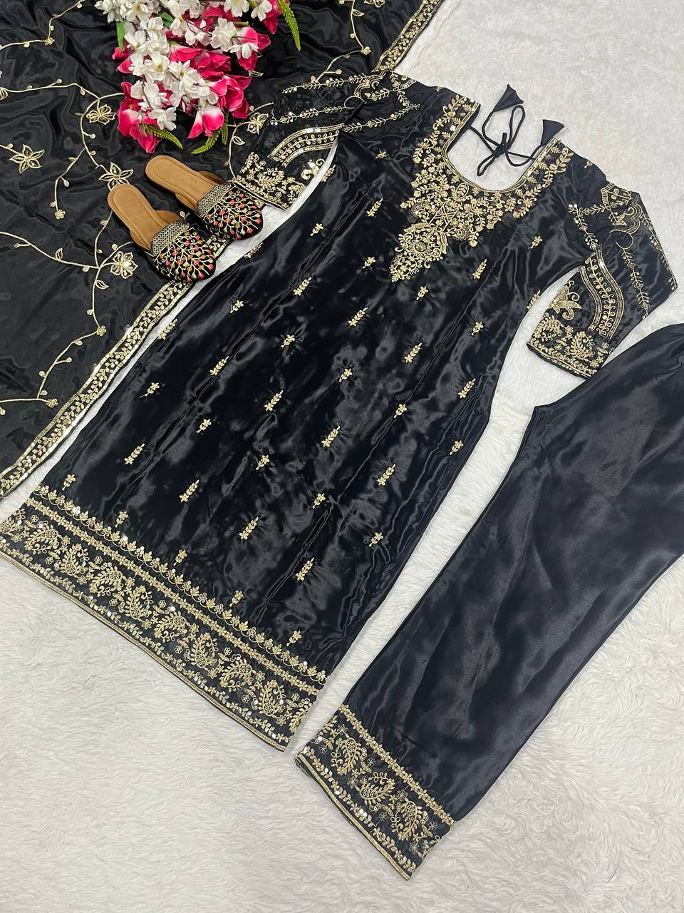 Black Color Chinon Silk Embroidery Work Salwar Suit