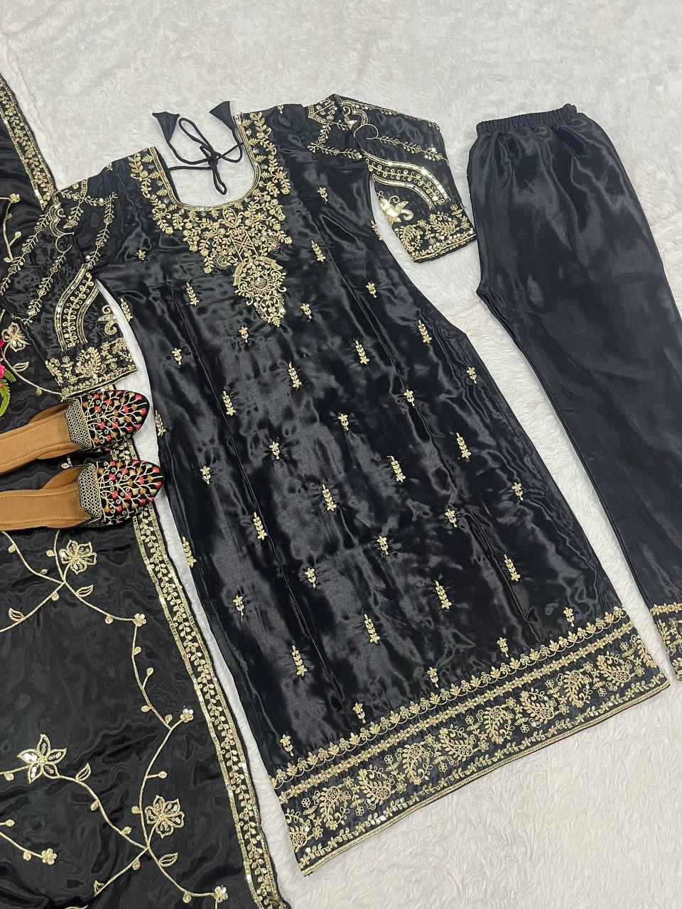 Black Color Chinon Silk Embroidery Work Salwar Suit