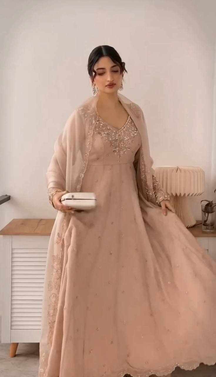 peach color long sleeve dress Gorgeous Sequence Work Peach Color Long Sleeve Gown – vastracloth