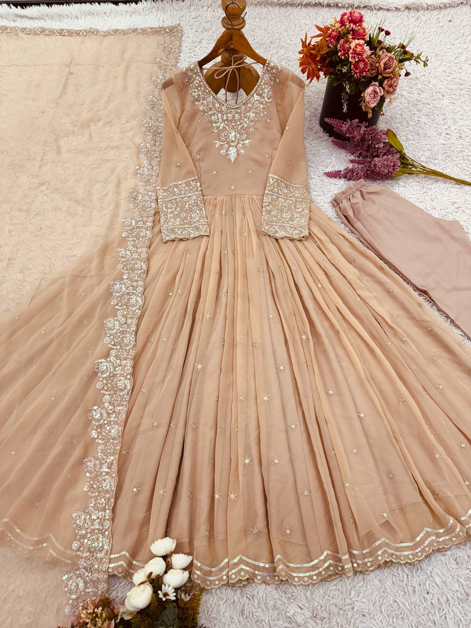 peach color long sleeve dress Gorgeous Sequence Work Peach Color Long Sleeve Gown – vastracloth