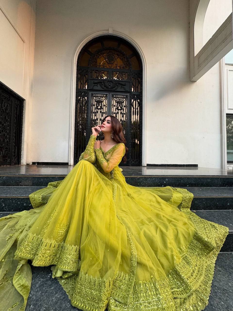 Sequence Work Lemon Color Kediya Style Shrug With Lehenga
