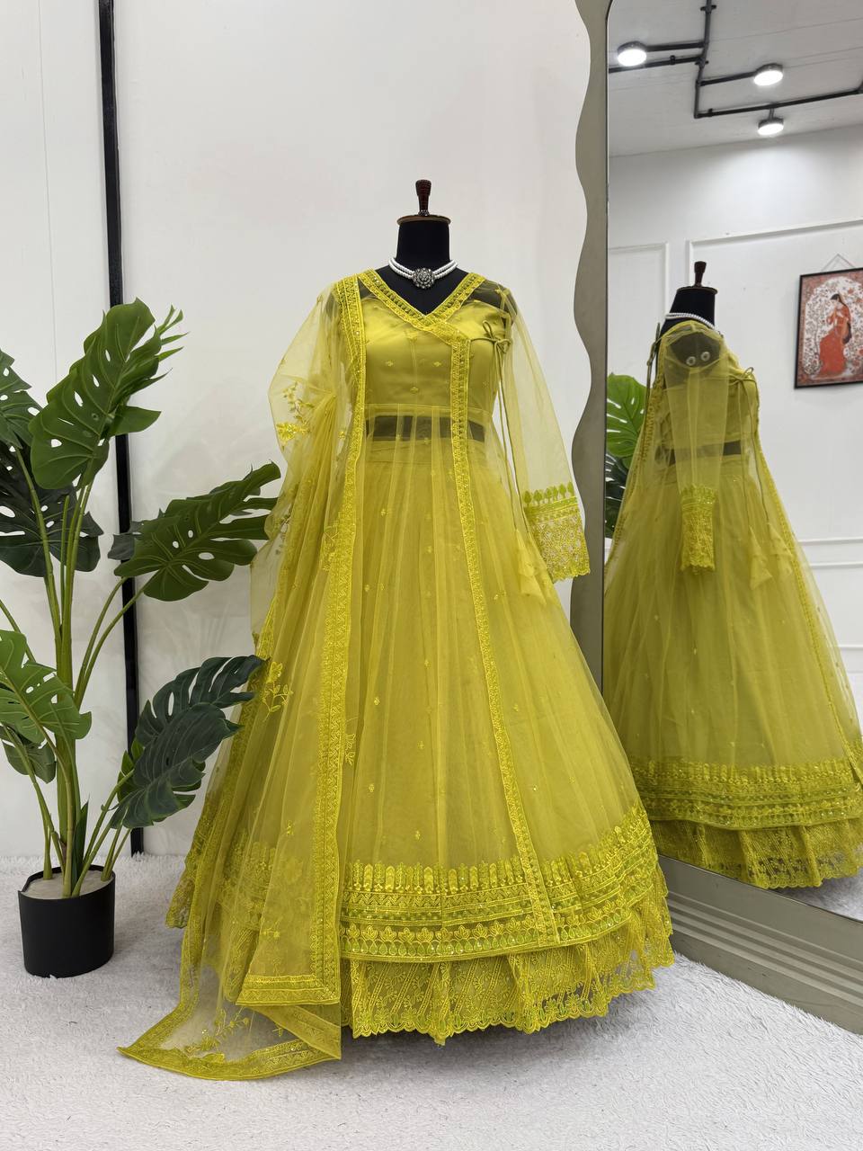 Sequence Work Lemon Color Kediya Style Shrug With Lehenga
