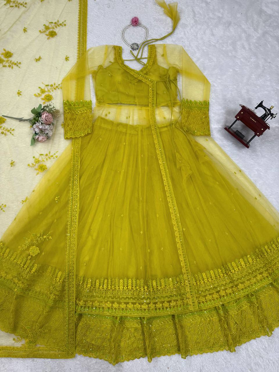 Sequence Work Lemon Color Kediya Style Shrug With Lehenga