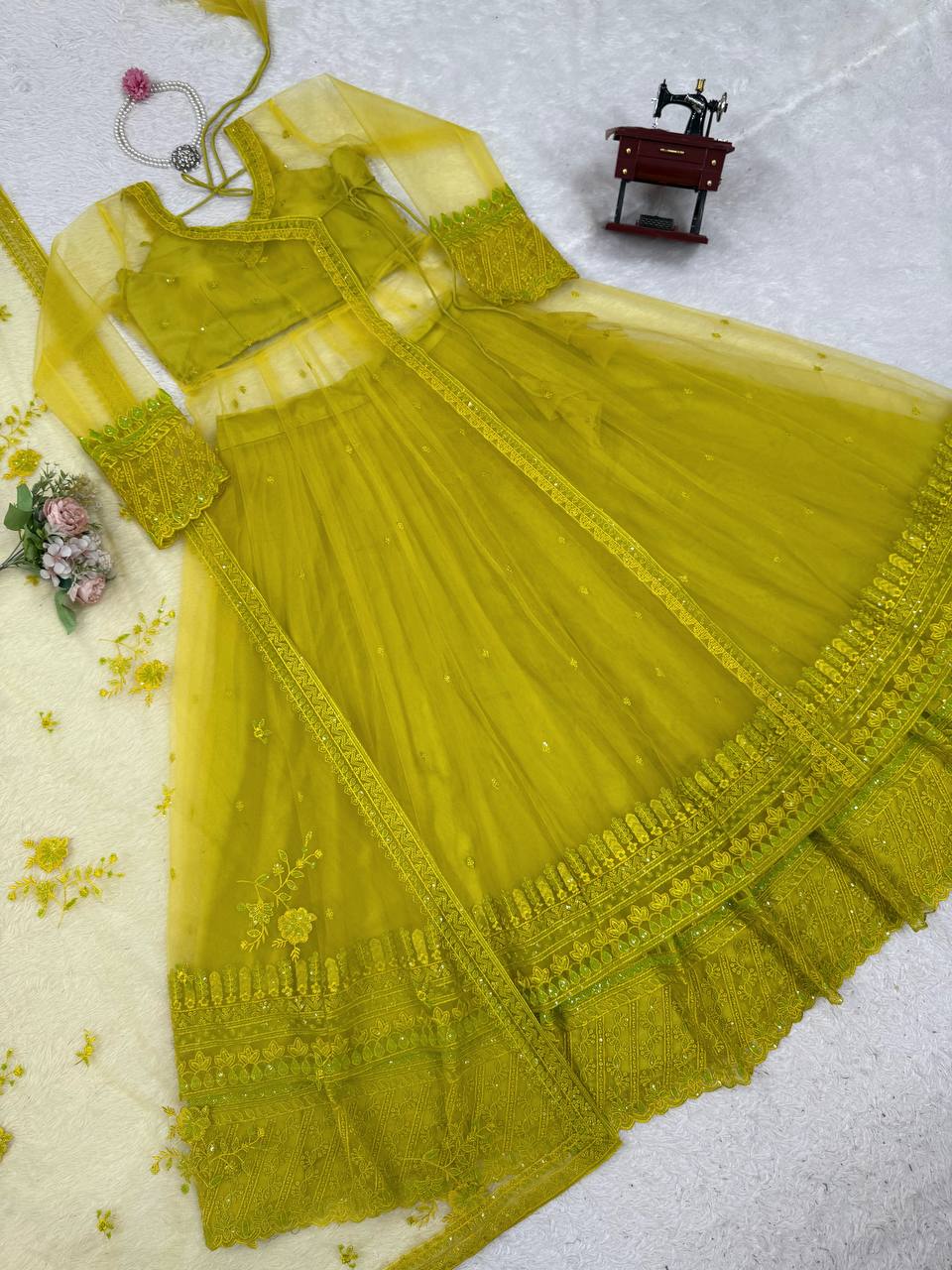 Sequence Work Lemon Color Kediya Style Shrug With Lehenga