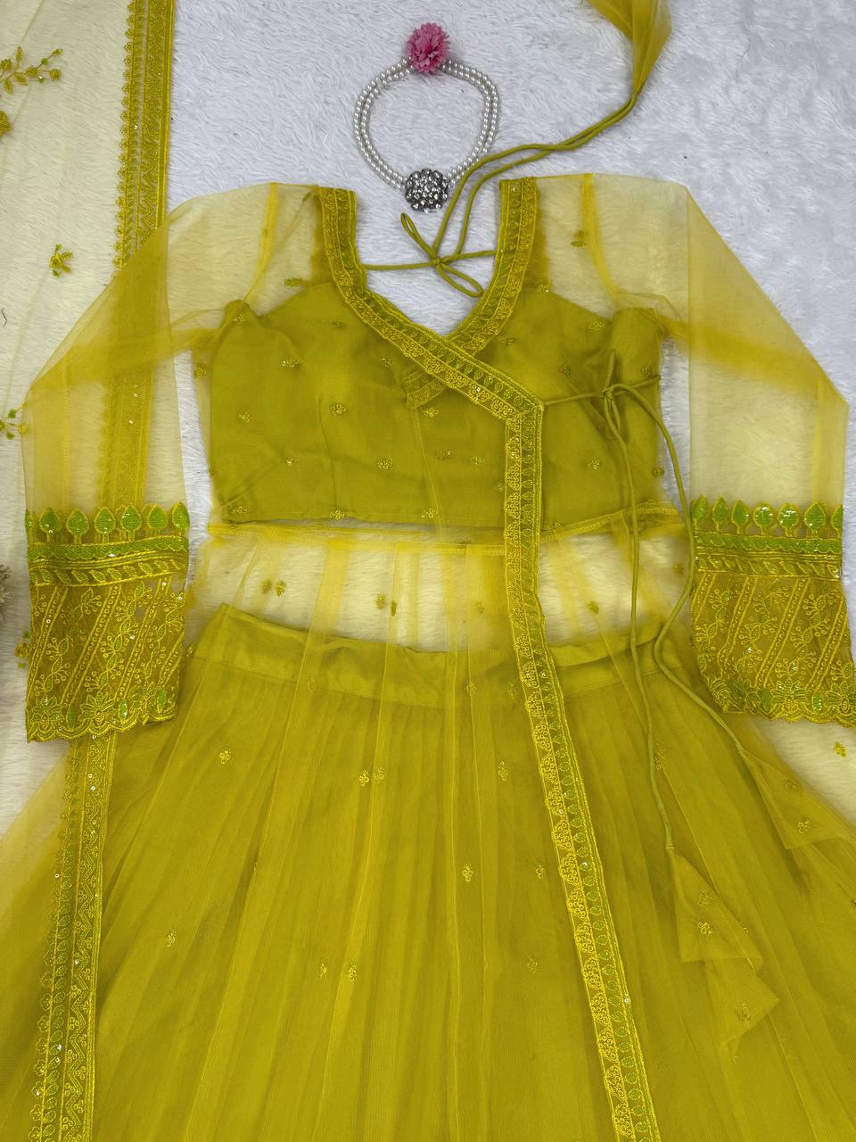Sequence Work Lemon Color Kediya Style Shrug With Lehenga