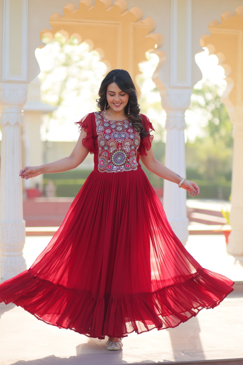 Multi Thread Work Maroon Color Wonderful Gown
