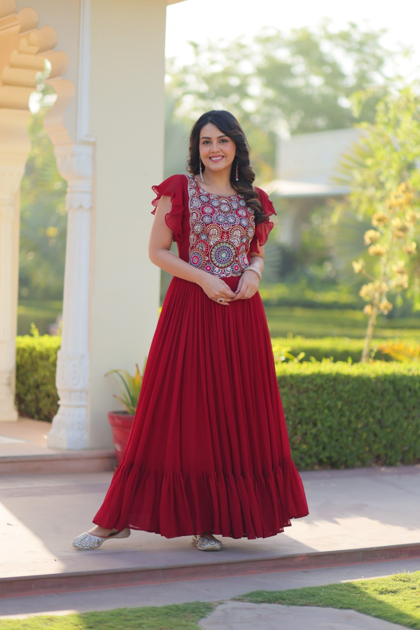 Multi Thread Work Maroon Color Wonderful Gown