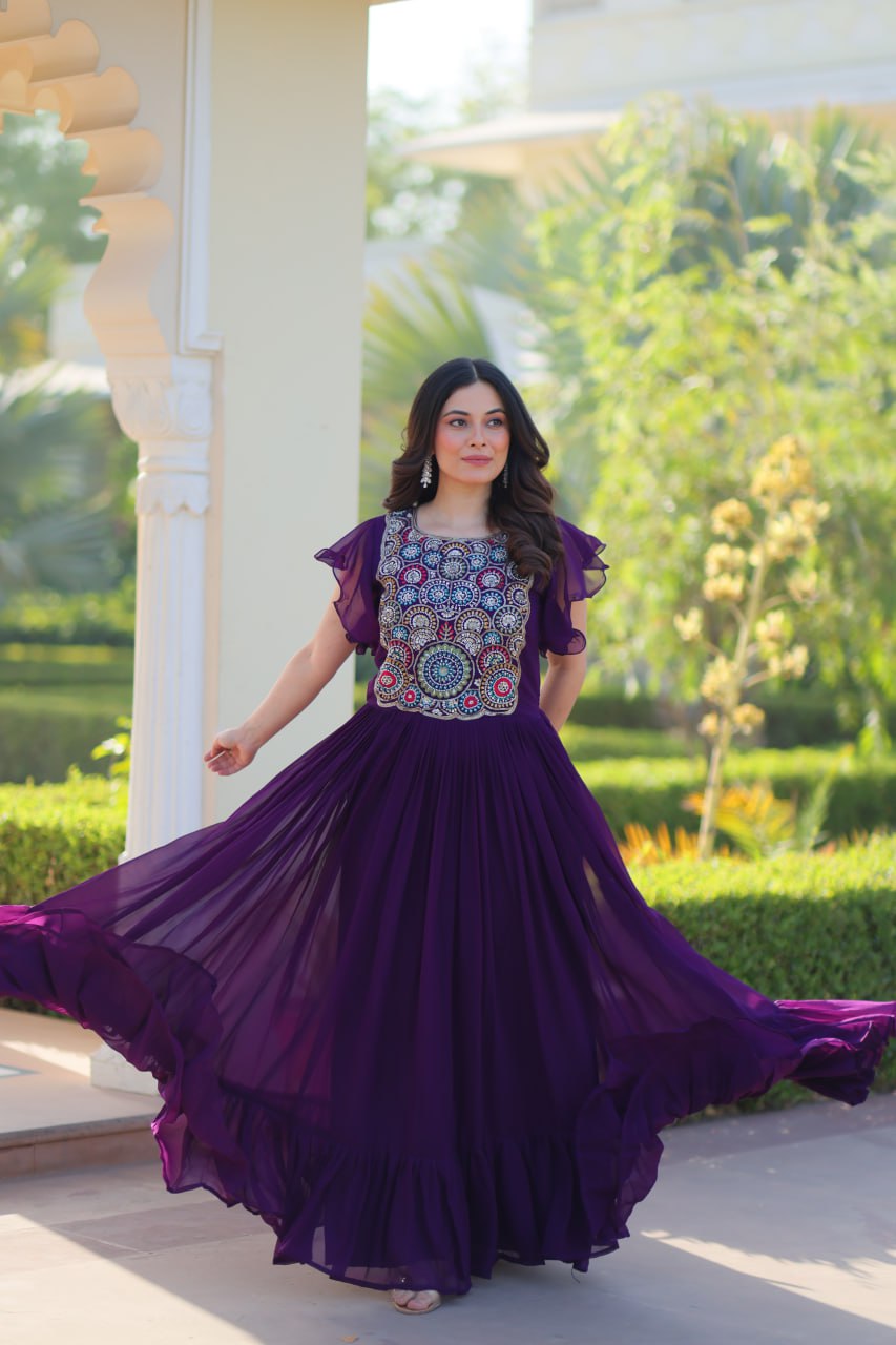 Multi Thread Work Purple Color Wonderful Gown