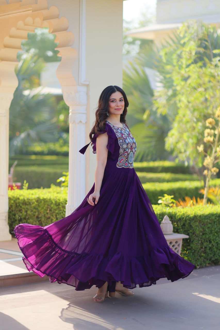 Multi Thread Work Purple Color Wonderful Gown