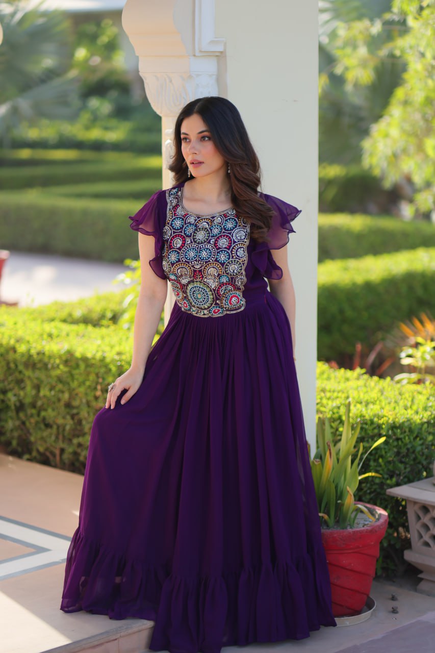 Multi Thread Work Purple Color Wonderful Gown
