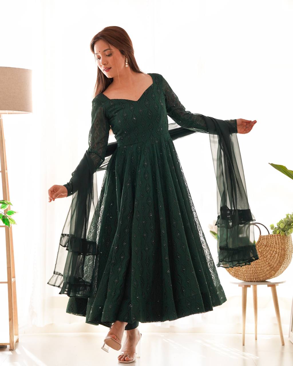 Lucknowi Sequence Work Green Color Anarkali Gown