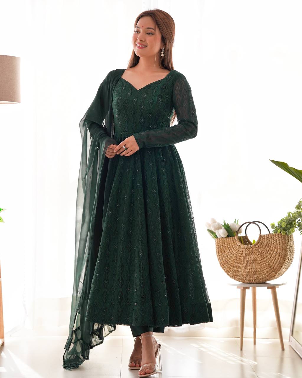 Lucknowi Sequence Work Green Color Anarkali Gown