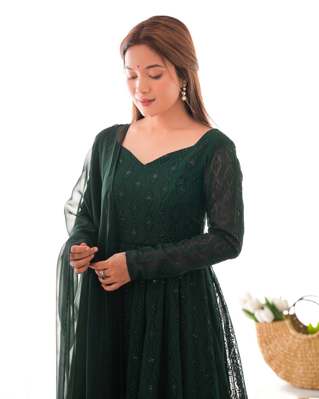 Lucknowi Sequence Work Green Color Anarkali Gown