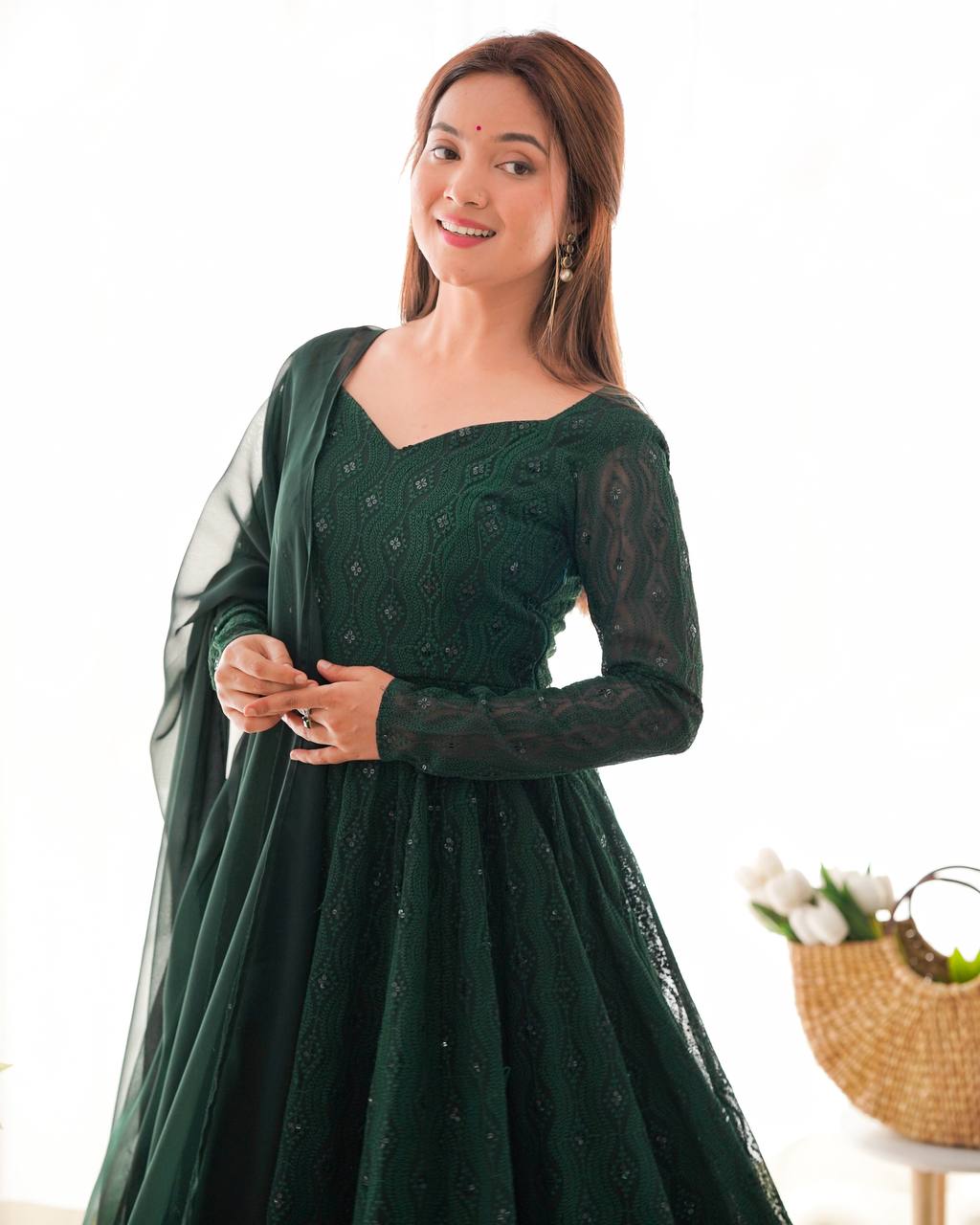 Lucknowi Sequence Work Green Color Anarkali Gown
