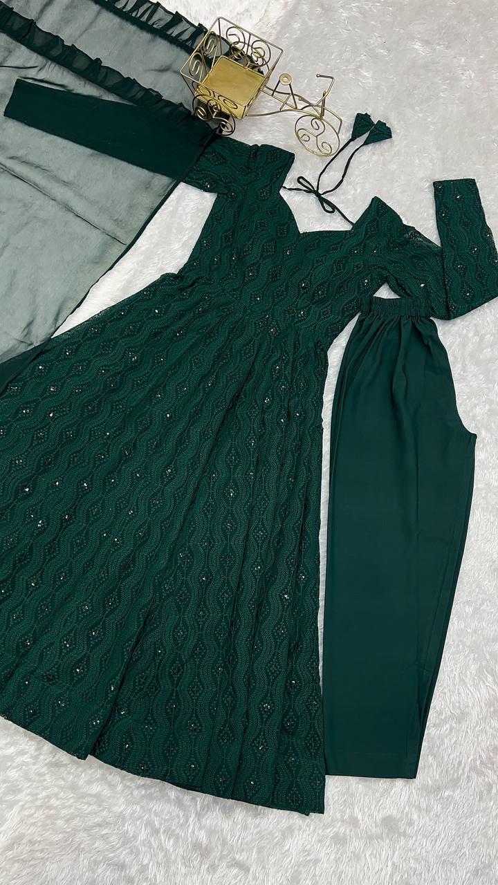 Lucknowi Sequence Work Green Color Anarkali Gown