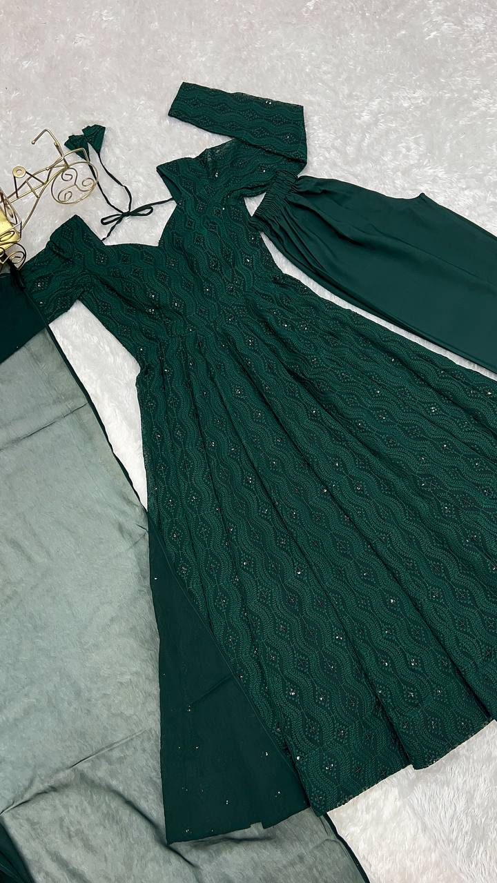 Lucknowi Sequence Work Green Color Anarkali Gown