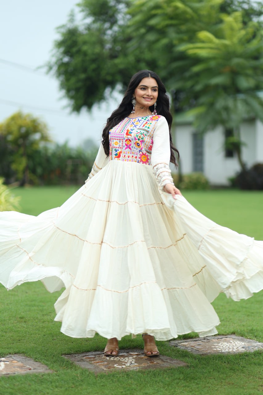 Navratri Festival White Color Full Sleeve Long Gown