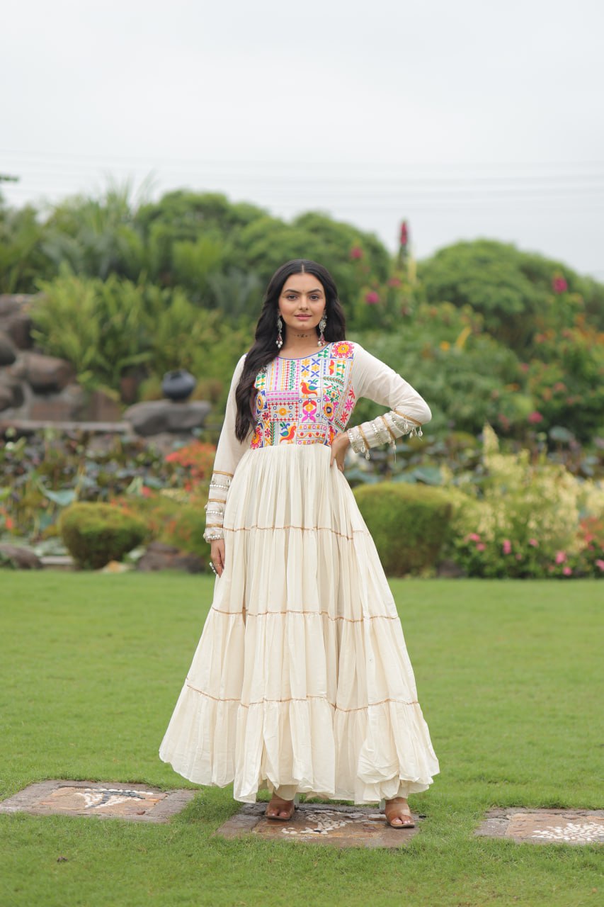 Navratri Festival White Color Full Sleeve Long Gown