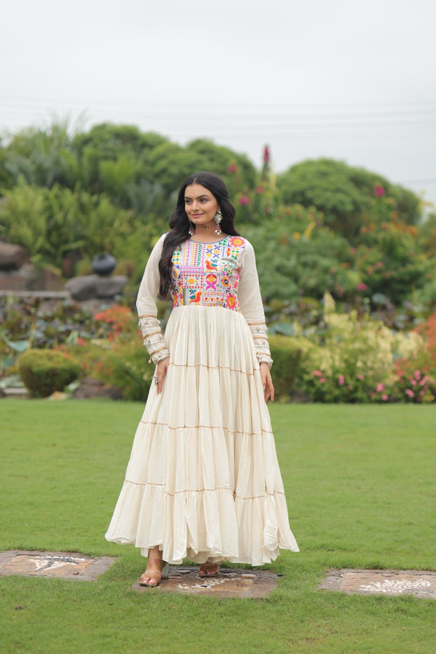 Navratri Festival White Color Full Sleeve Long Gown