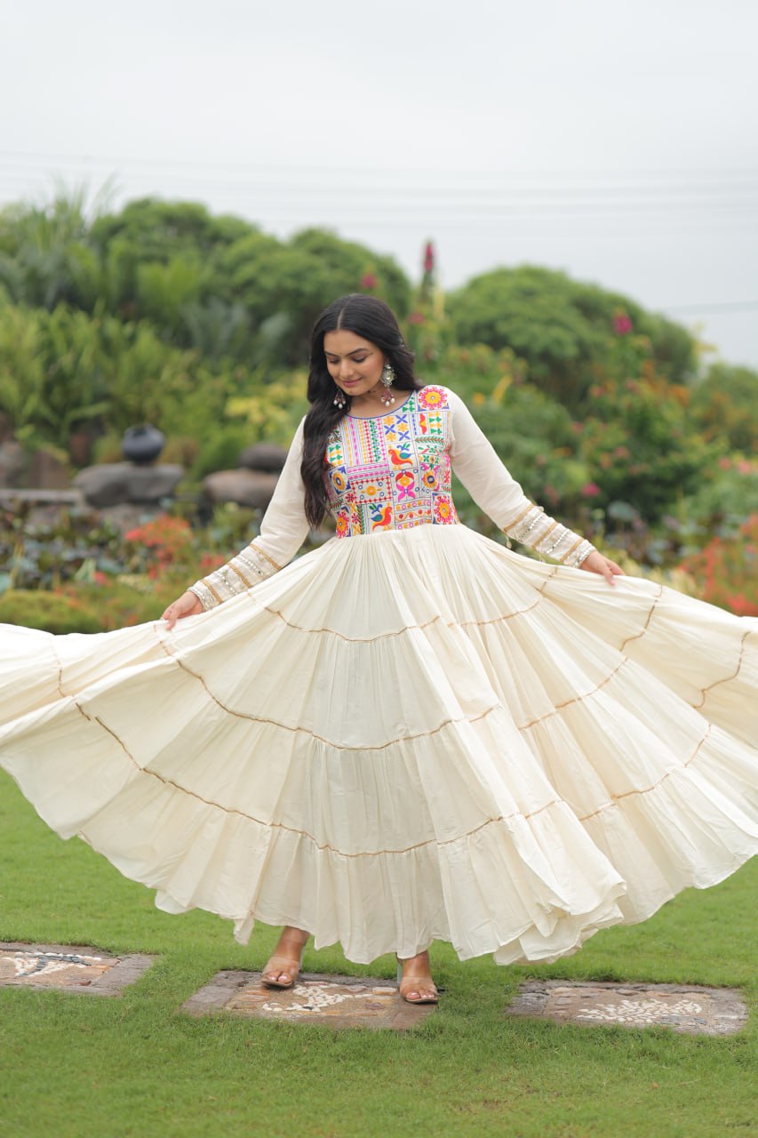 Navratri Festival White Color Full Sleeve Long Gown