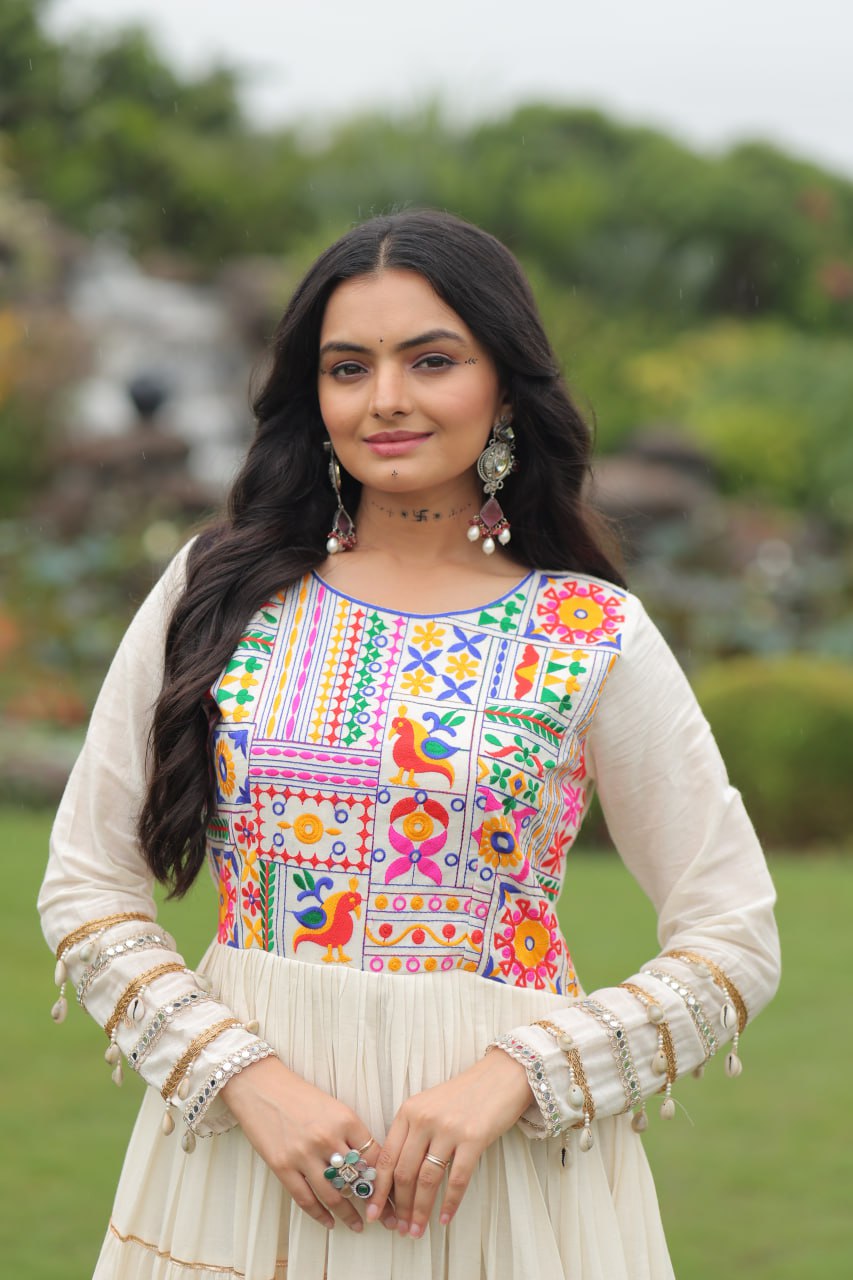 Navratri Festival White Color Full Sleeve Long Gown