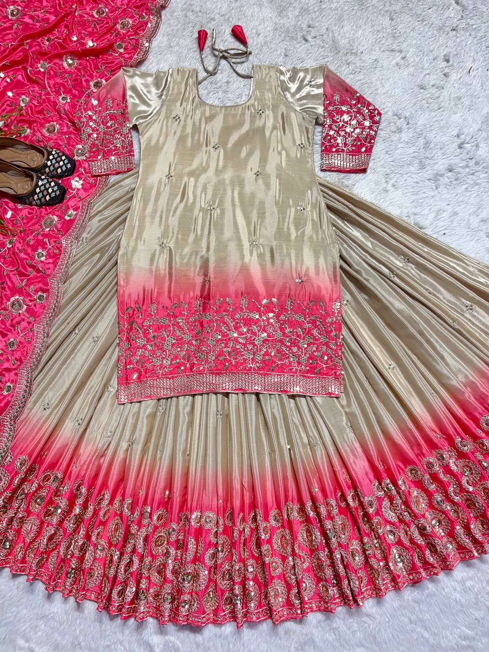 Ravishing Double Shade Chiku Color Top With Lehenga