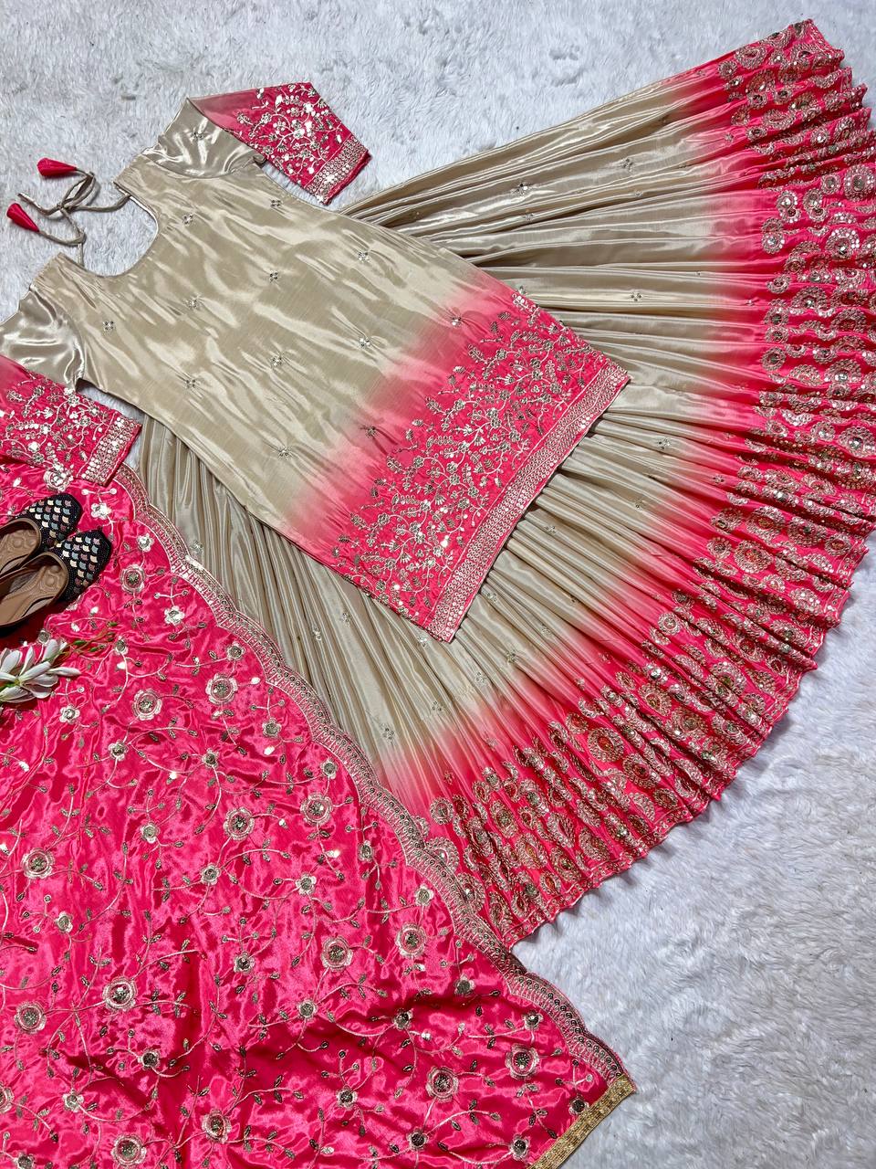 Ravishing Double Shade Chiku Color Top With Lehenga
