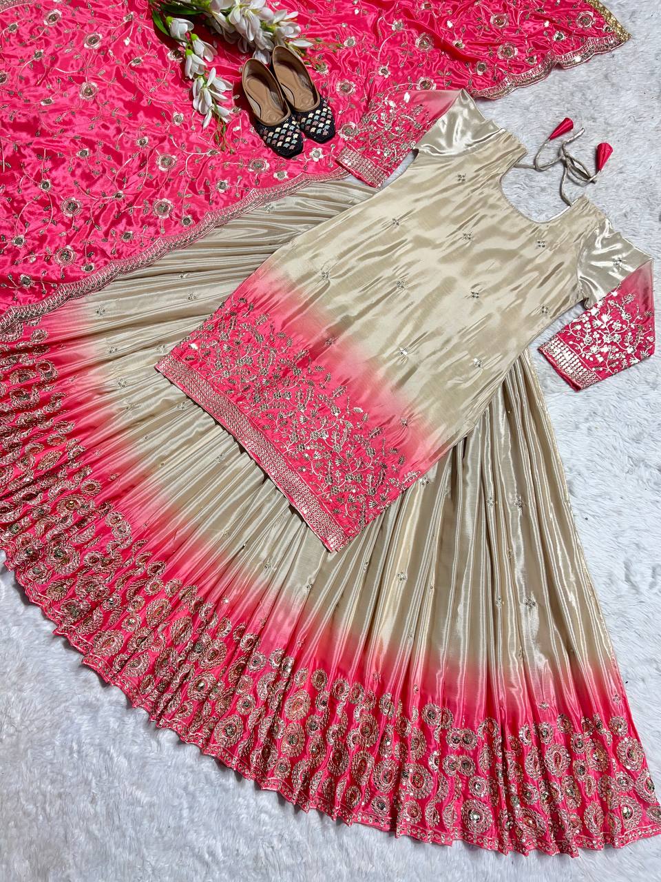 Ravishing Double Shade Chiku Color Top With Lehenga
