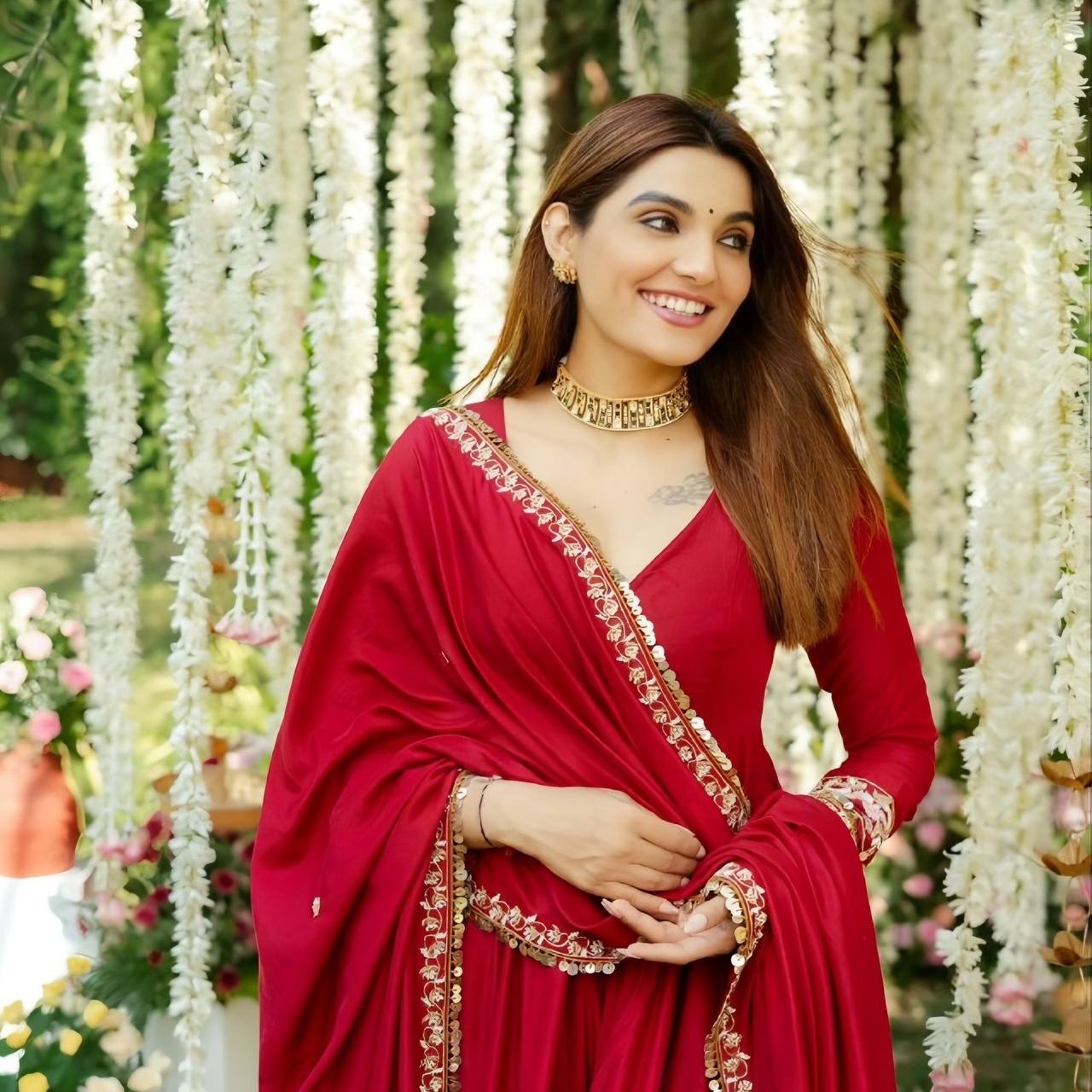 Red Color Multi Embroidered Anarkali Suit