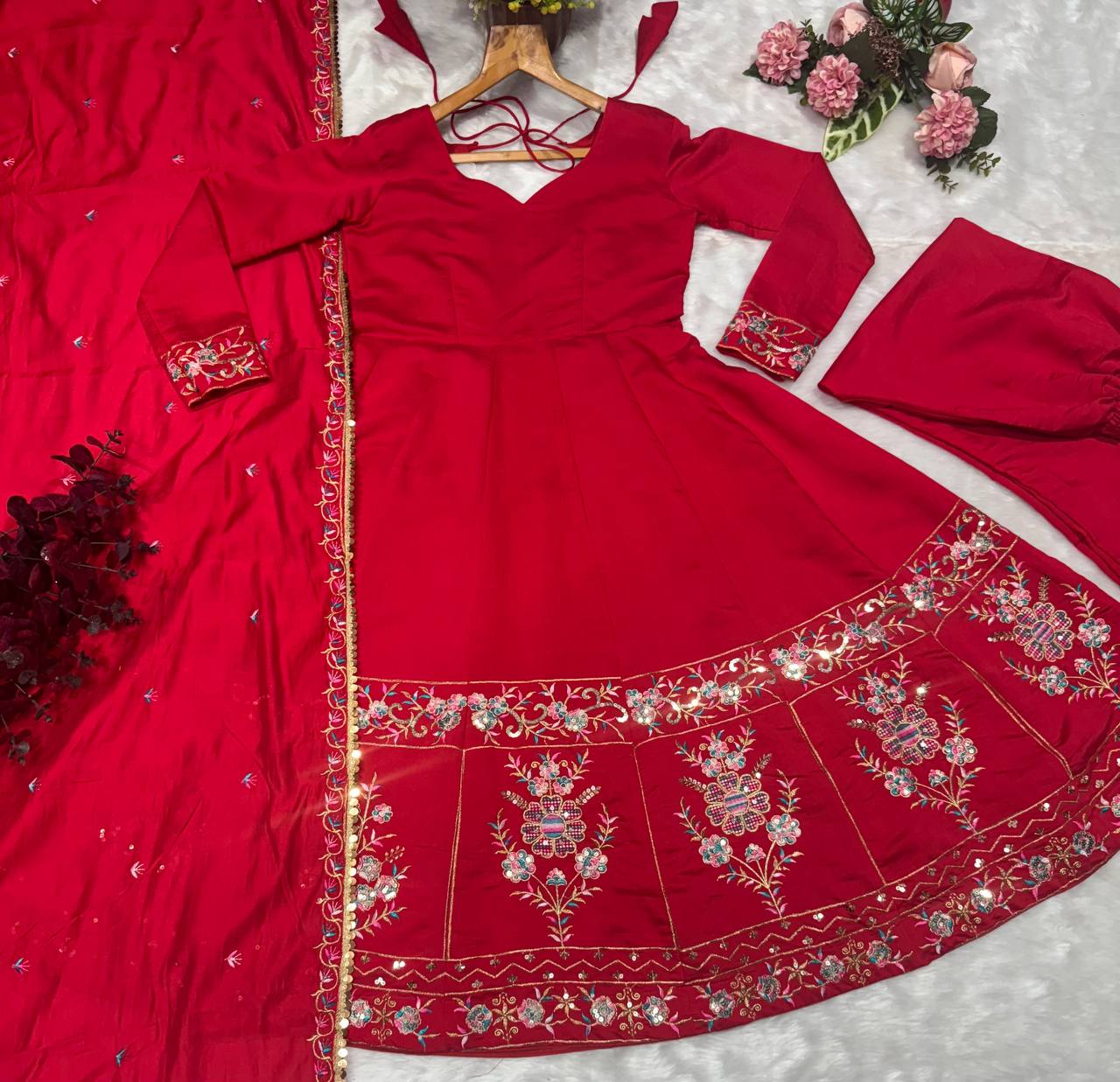 Red Color Multi Embroidered Anarkali Suit