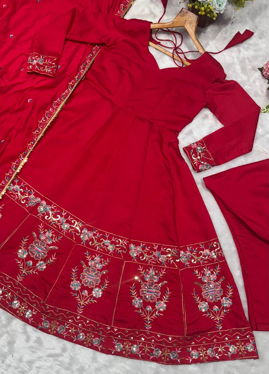 Red Color Multi Embroidered Anarkali Suit