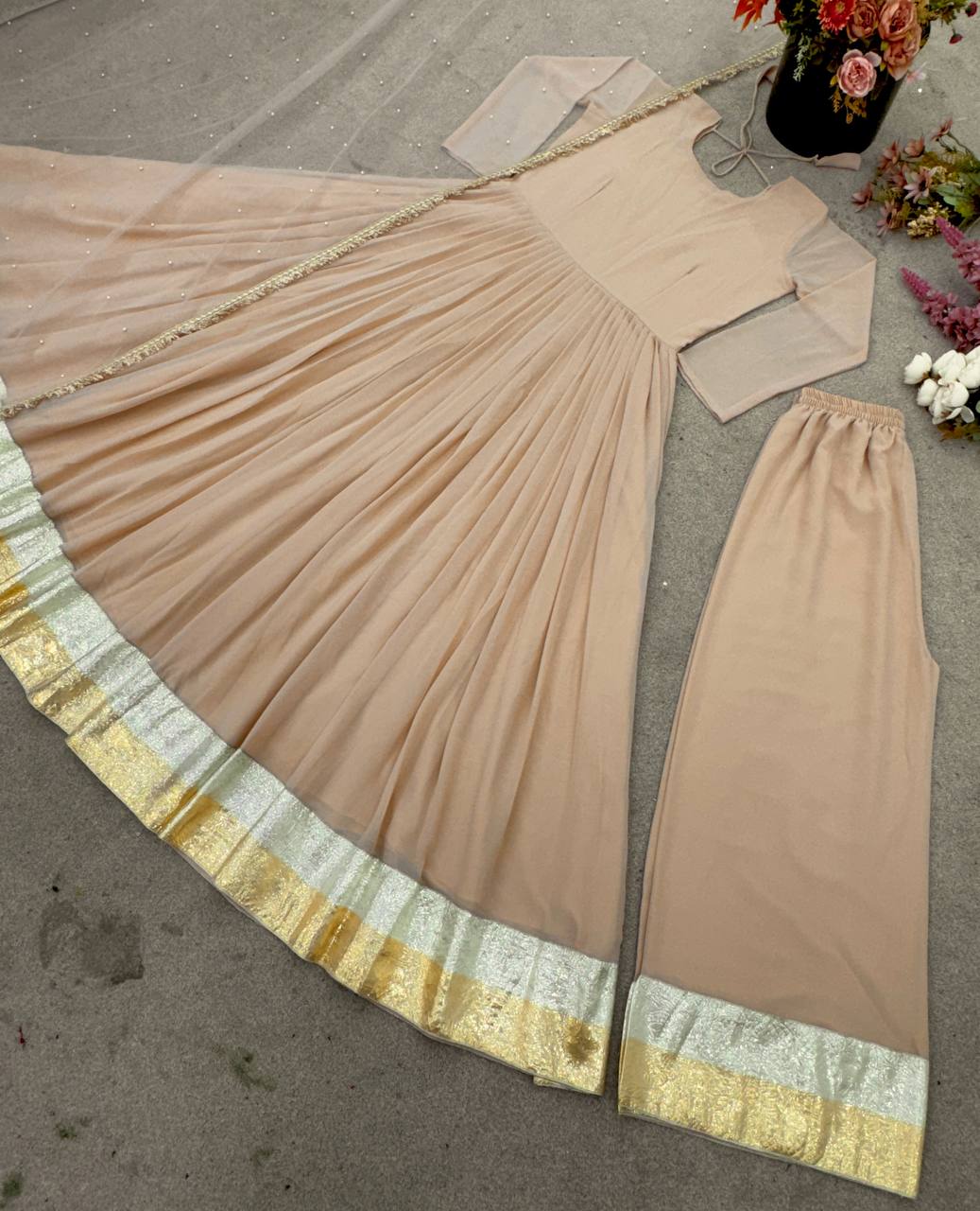 Georgette Peach Color Outstanding Long Gown