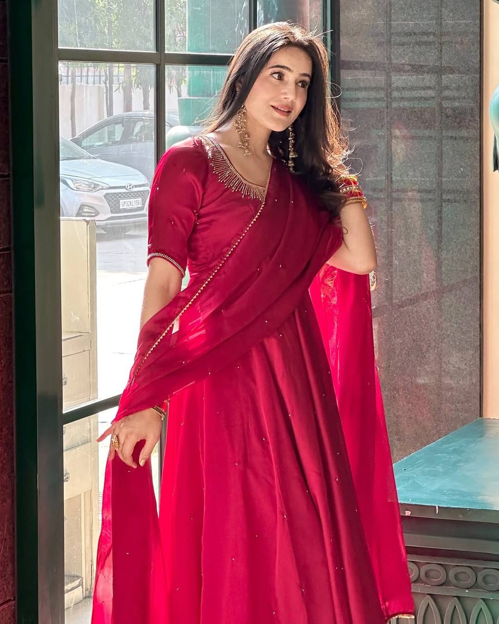 Wonderful Fully Stitched Pink Color Moti Work Long Gown