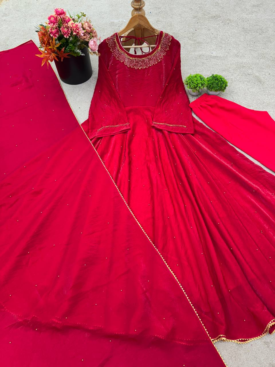 Wonderful Fully Stitched Pink Color Moti Work Long Gown
