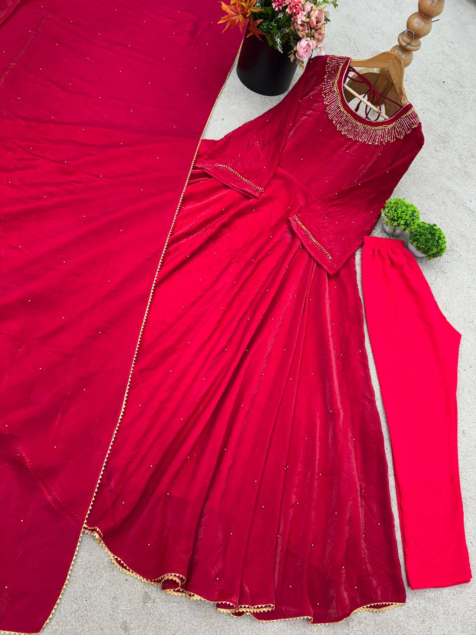 Wonderful Fully Stitched Pink Color Moti Work Long Gown