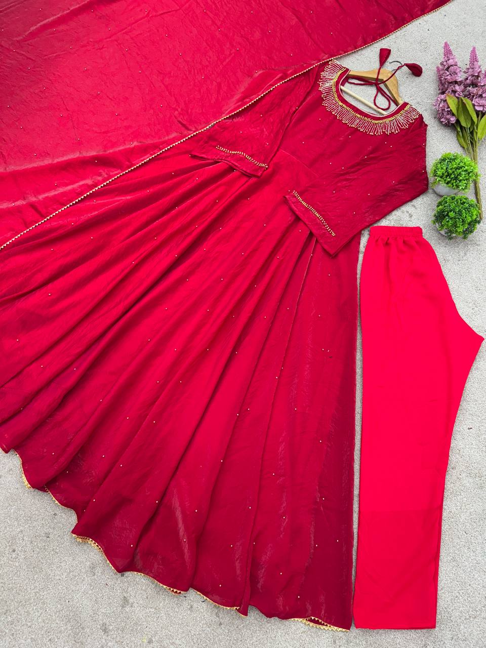 Wonderful Fully Stitched Pink Color Moti Work Long Gown