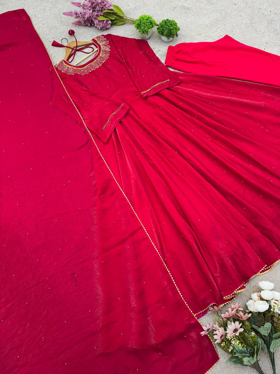 Wonderful Fully Stitched Pink Color Moti Work Long Gown