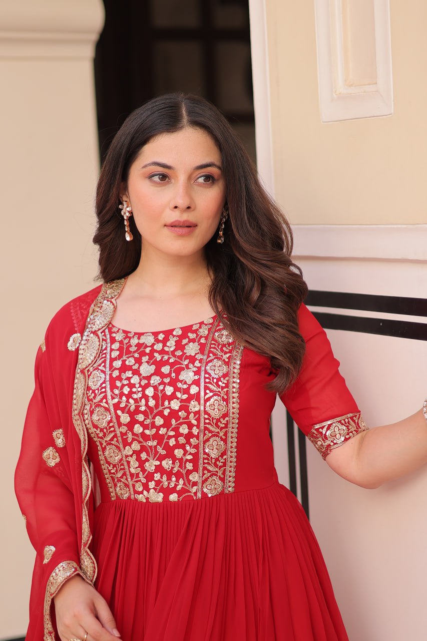 Red Color Embroidery Work Luxuriant Designer Gown