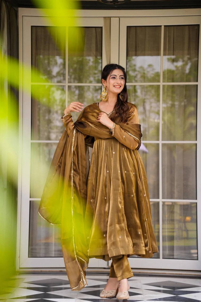 Brown Color Fully Stitched Shining Anarkali Gown
