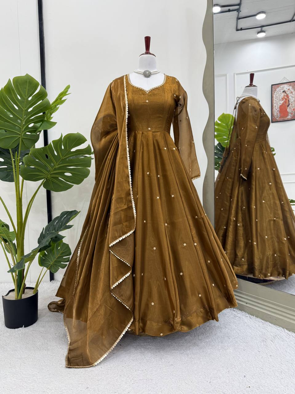 Brown Color Fully Stitched Shining Anarkali Gown