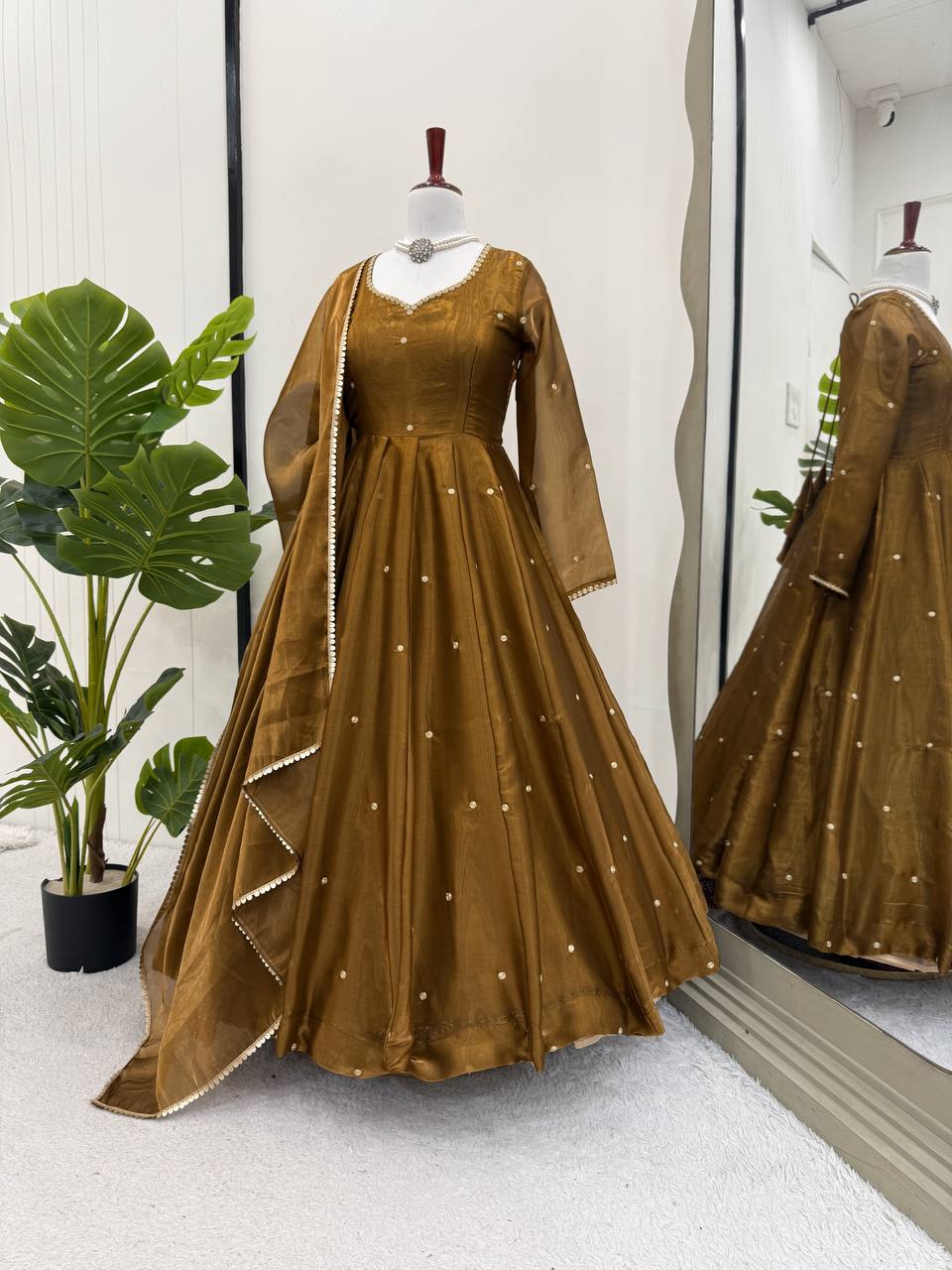 Brown Color Fully Stitched Shining Anarkali Gown