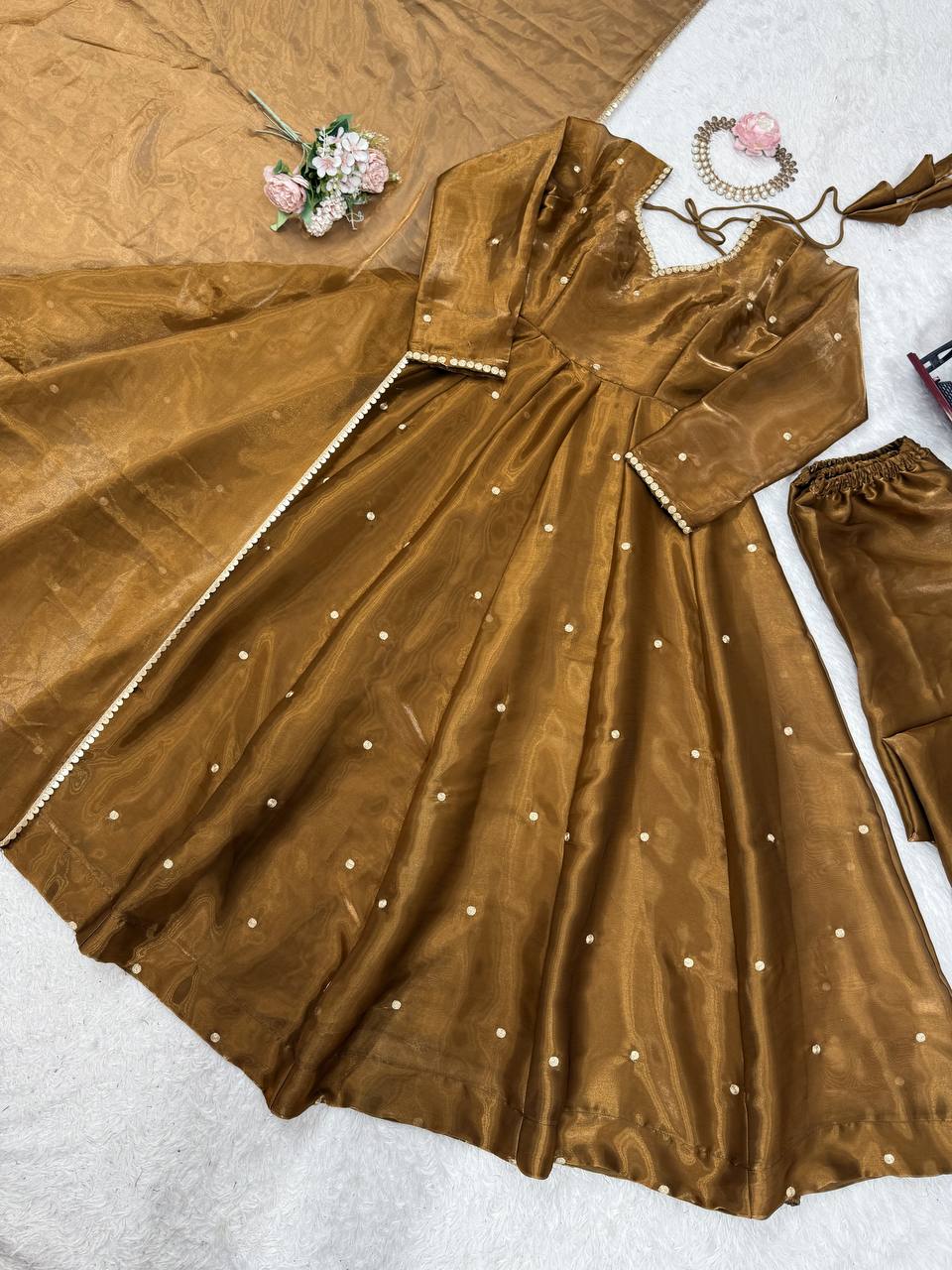 Brown Color Fully Stitched Shining Anarkali Gown