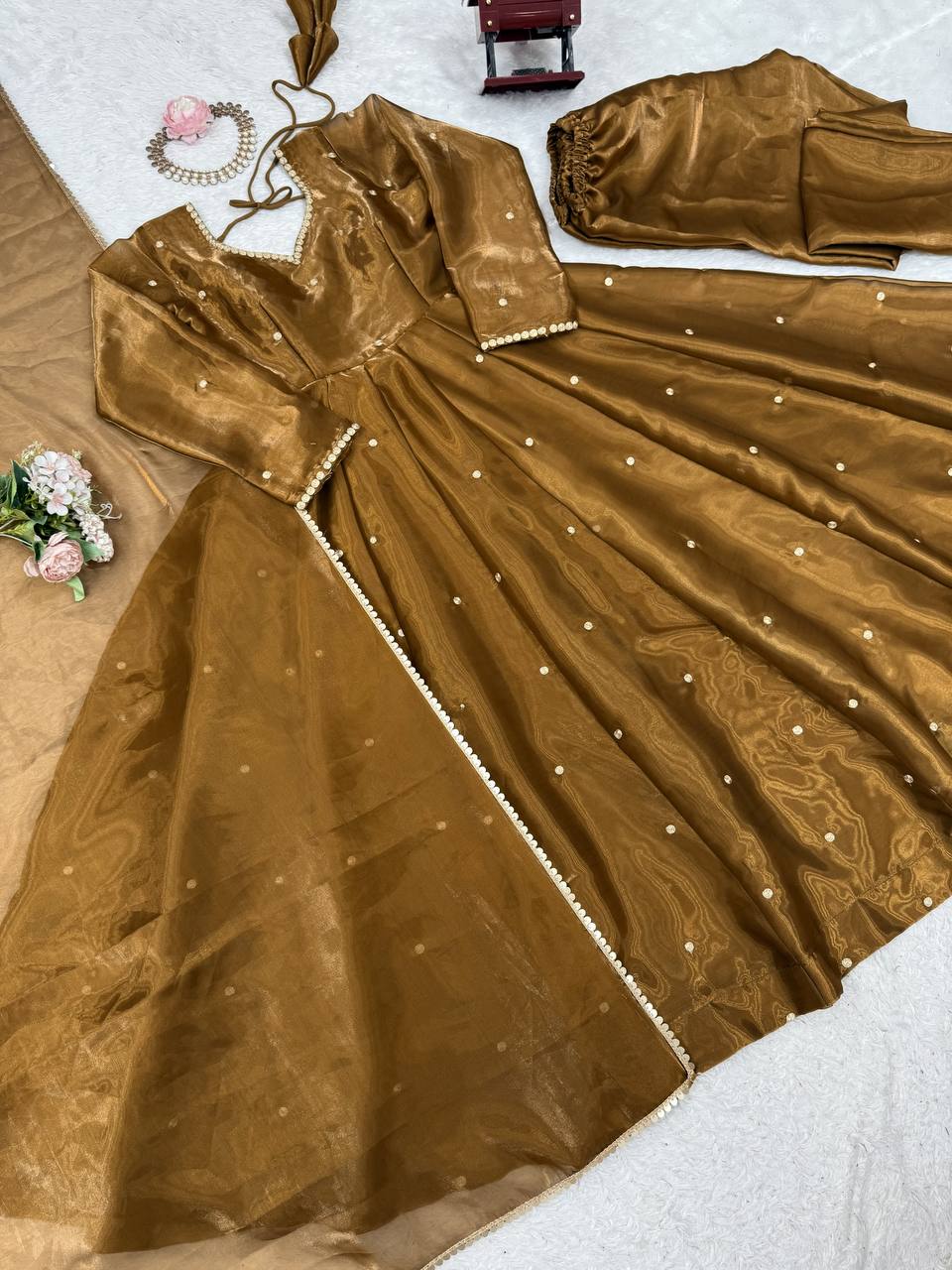 Brown Color Fully Stitched Shining Anarkali Gown