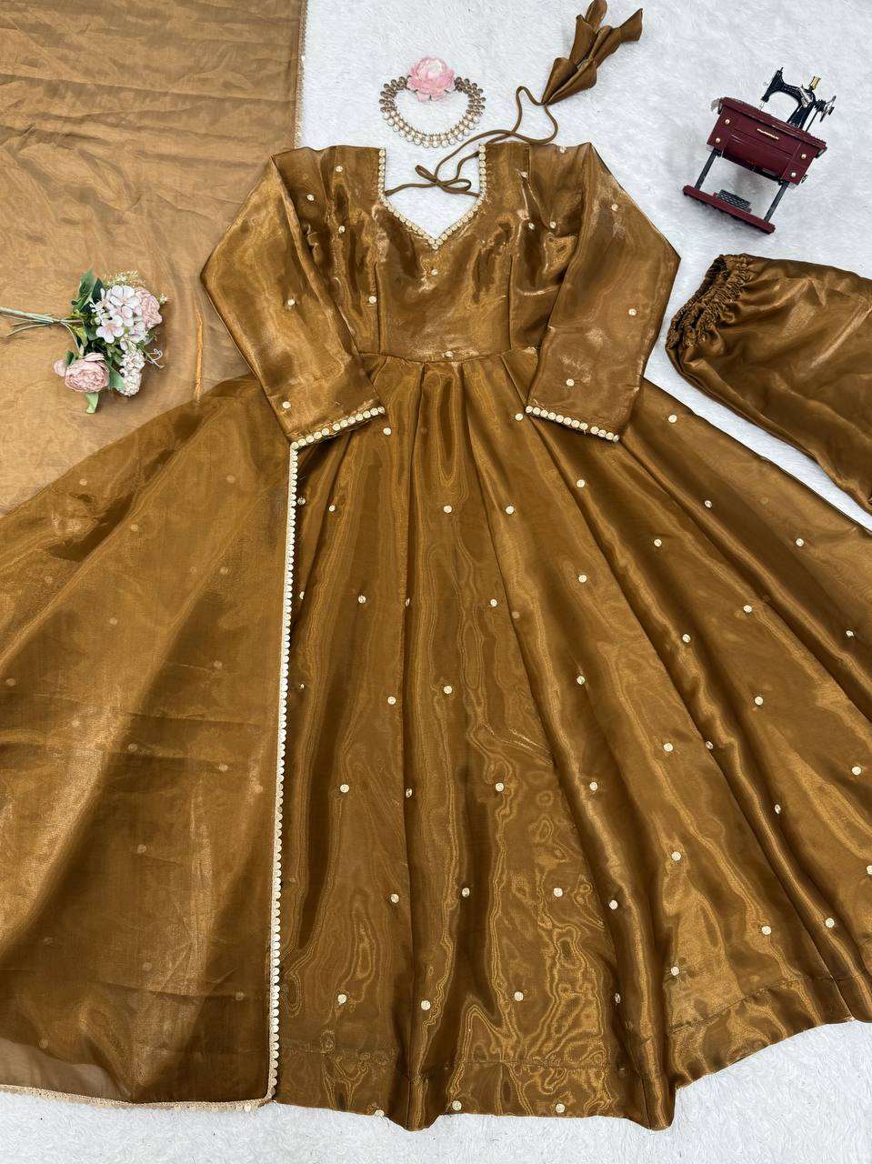 Brown Color Fully Stitched Shining Anarkali Gown
