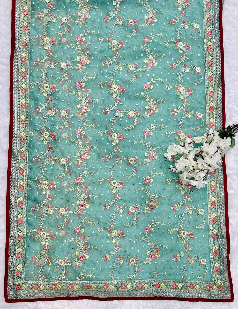 Sequence With Thread Work Rama Color Designer Saree
