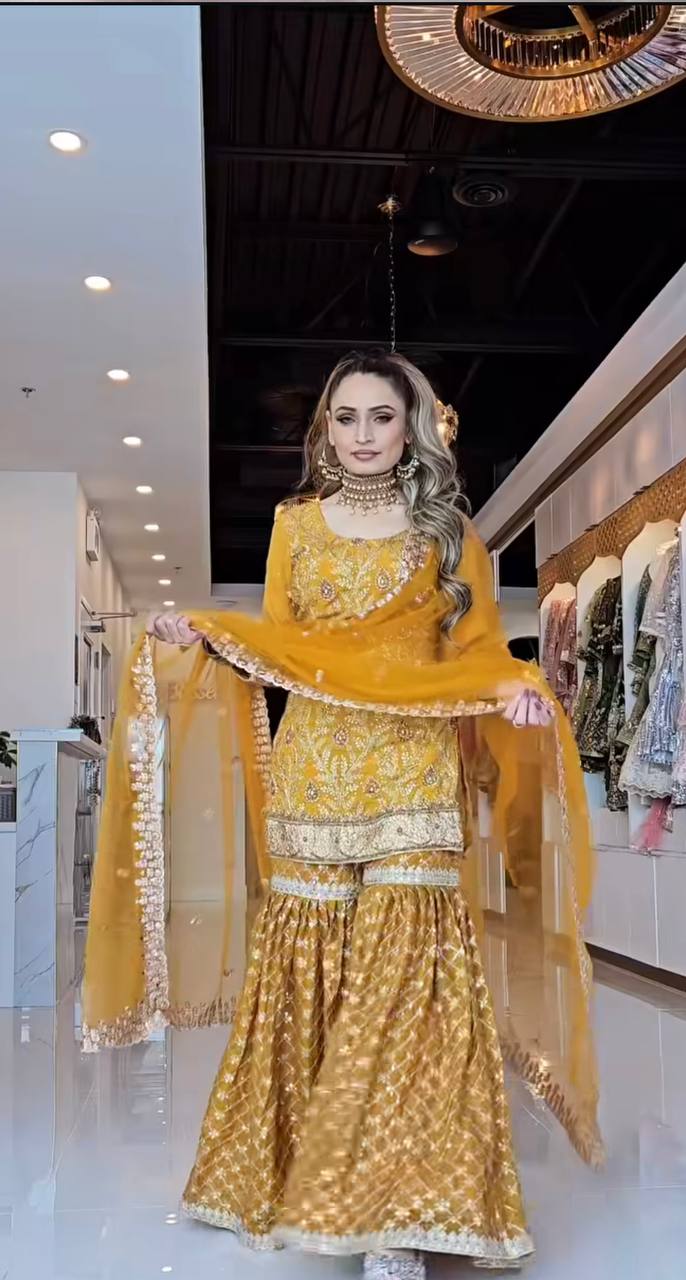 Sequence Embroidery Work Mustered Color Sharara Suit