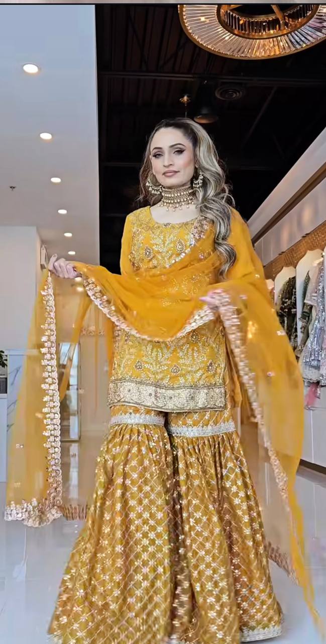 Sequence Embroidery Work Mustered Color Sharara Suit