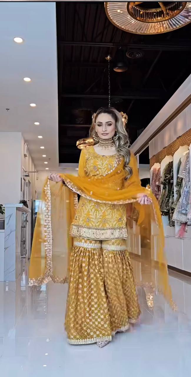 Sequence Embroidery Work Mustered Color Sharara Suit