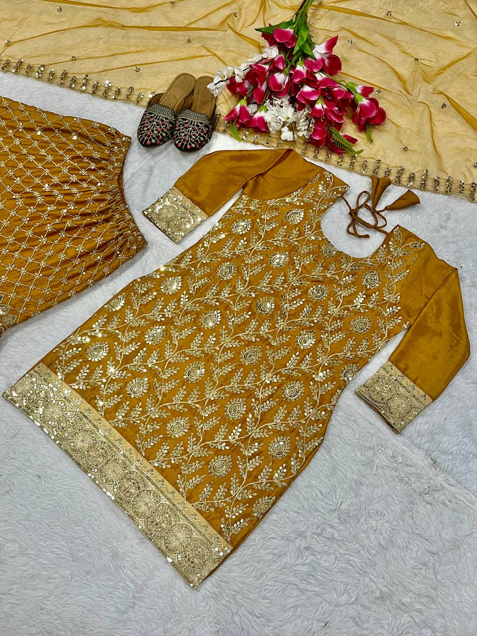 Sequence Embroidery Work Mustered Color Sharara Suit